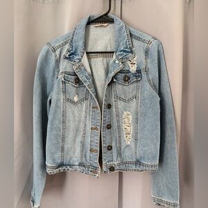 Light Wash Distressed Denim Jacket - Women